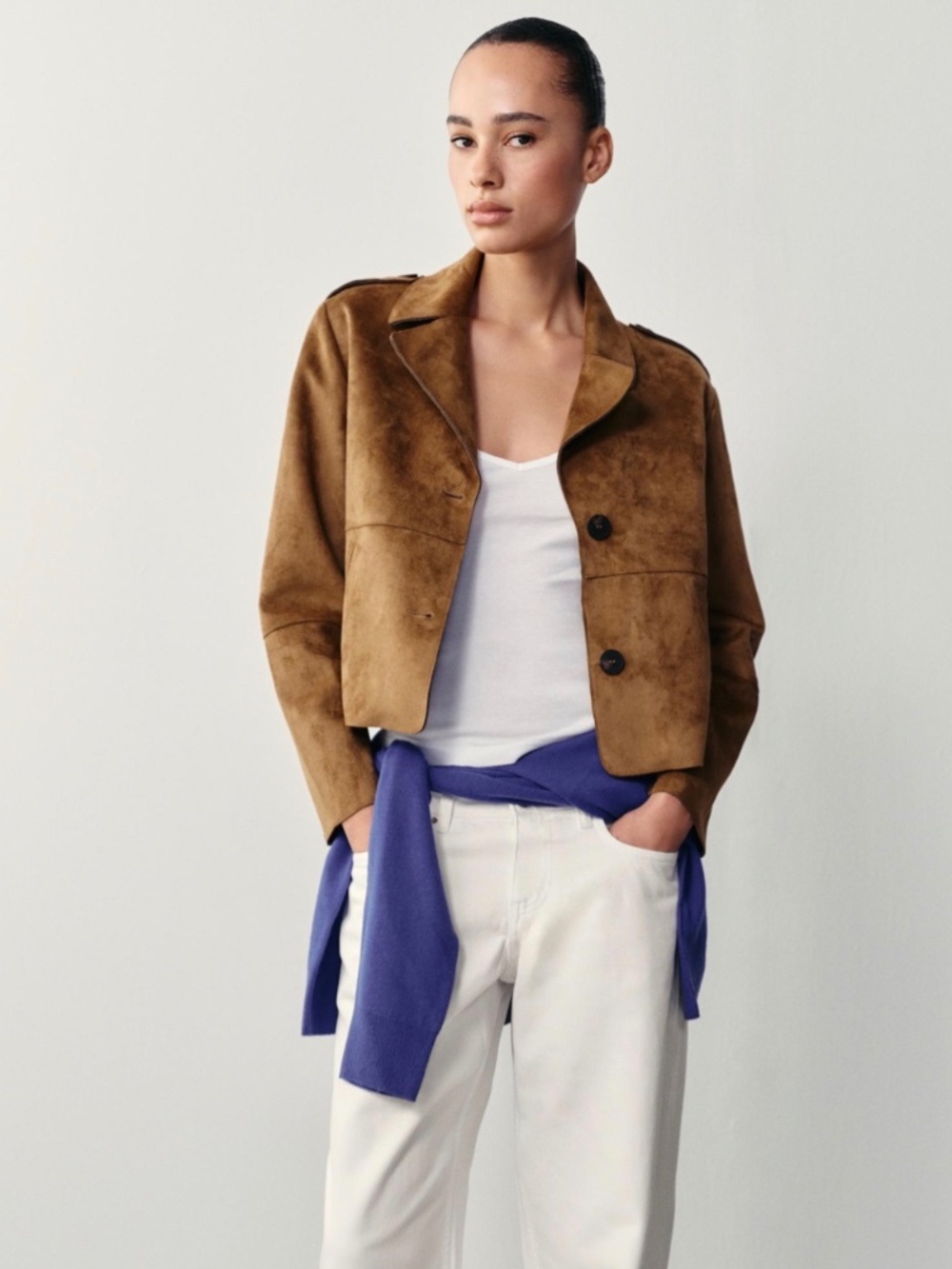 Zara Brown Faux Suede Cropped Jacket -  Large